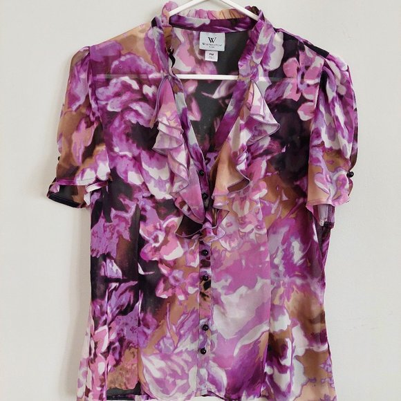 Worthington Semi Sheer Floral Blouse Plunge V-neck Ladies Fashion Tops, Size PM - Picture 1 of 7